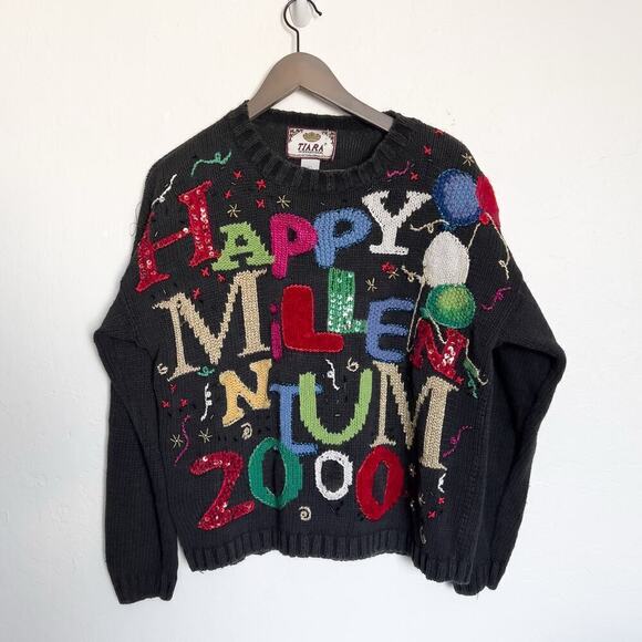 Vintage Tiara Sweater 1999 2000 Millennium Novelty Sweater Beaded Sequins Large - Picture 1 of 8